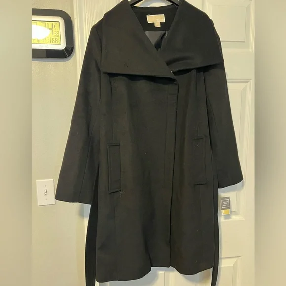 Michael Kors Women’s Black Asymmetrical Belted Wrap Coat - Picture 3 of 5